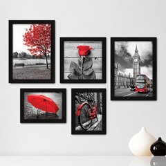 Kit Com 5 Quadros Decorativos - Árvore - Cidade - Flor - Preto e Branco com Vermelho - Sala - 294kq01