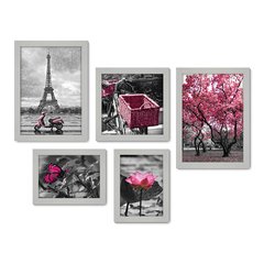 Kit Com 5 Quadros Decorativos - Árvore - Flor - Borboleta - Preto e Branco com Rosa - Sala - 295kq01 - Allodi