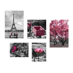 Kit 5 Placas Decorativas - Árvore - Flor - Borboleta - Preto e Branco com Rosa - Casa Quarto Sala - 295ktpl5 - comprar online