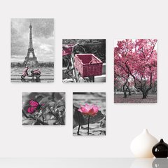 Kit 5 Placas Decorativas - Árvore - Flor - Borboleta - Preto e Branco com Rosa - Casa Quarto Sala - 295ktpl5