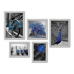 Kit Com 5 Quadros Decorativos - Árvore - Bicicleta - Barcos - Preto e Branco com Azul - Sala - 296kq01 - Allodi