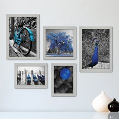 Kit Com 5 Quadros Decorativos - Árvore - Bicicleta - Barcos - Preto e Branco com Azul - Sala - 296kq01 - comprar online
