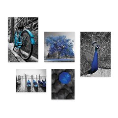 Kit 5 Placas Decorativas - Árvore - Bicicleta - Barcos - Preto e Branco com Azul - Casa Quarto Sala - 296ktpl5 - comprar online