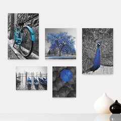 Kit 5 Placas Decorativas - Árvore - Bicicleta - Barcos - Preto e Branco com Azul - Casa Quarto Sala - 296ktpl5