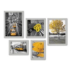 Kit Com 5 Quadros Decorativos - Flores - Cidade - Árvores - Preto e Branco com Amarelo - Sala - 297kq01 - Allodi