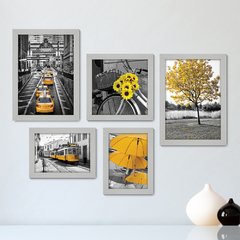 Kit Com 5 Quadros Decorativos - Flores - Cidade - Árvores - Preto e Branco com Amarelo - Sala - 297kq01 - comprar online