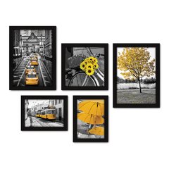 Kit Com 5 Quadros Decorativos - Flores - Cidade - Árvores - Preto e Branco com Amarelo - Sala - 297kq01 na internet