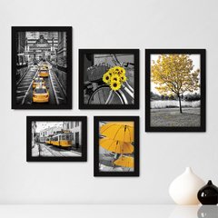 Kit Com 5 Quadros Decorativos - Flores - Cidade - Árvores - Preto e Branco com Amarelo - Sala - 297kq01