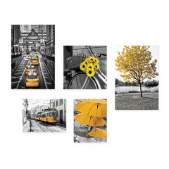 Kit 5 Placas Decorativas - Flores - Cidade - Árvores - Preto e Branco com Amarelo - Casa Quarto Sala - 297ktpl5 - comprar online