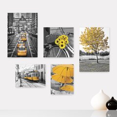 Kit 5 Placas Decorativas - Flores - Cidade - Árvores - Preto e Branco com Amarelo - Casa Quarto Sala - 297ktpl5