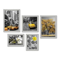 Kit Com 5 Quadros Decorativos - Cidade - Árvore - Bicicleta - Preto e Branco com Amarelo - Sala - 298kq01 - Allodi