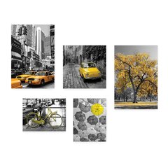 Kit 5 Placas Decorativas - Cidade - Árvore - Bicicleta - Preto e Branco com Amarelo - Casa Quarto Sala - 298ktpl5 - comprar online