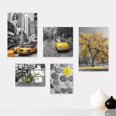 Kit 5 Placas Decorativas - Cidade - Árvore - Bicicleta - Preto e Branco com Amarelo - Casa Quarto Sala - 298ktpl5