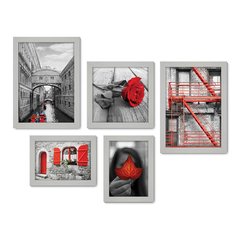 Kit Com 5 Quadros Decorativos - Cidade - Flor - Preto e Branco com Vermelho - Sala - 299kq01 - Allodi