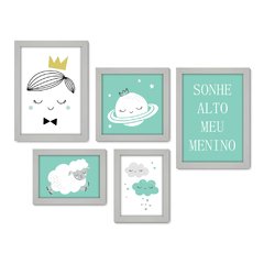 Kit Com 5 Quadros Decorativos - Sonhe Alto Meu Menino - Infantil - Bebê - Baby - 308kq01 - Allodi
