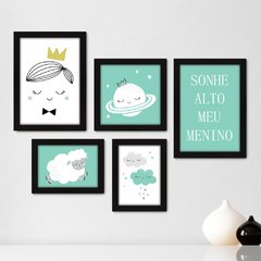 Kit Com 5 Quadros Decorativos - Sonhe Alto Meu Menino - Infantil - Bebê - Baby - 308kq01