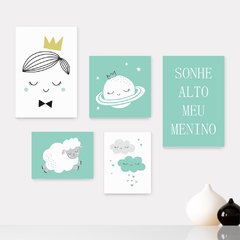 Kit 5 Placas Decorativas - Sonhe Alto Meu Menino - Infantil Bebê Quarto Menino - 308ktpl5