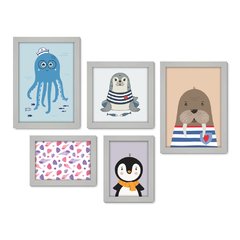 Kit Com 5 Quadros Decorativos - Animais Marinhos - Mar - Infantil - Baby - Bebê - 309kq01 - Allodi