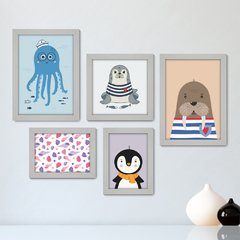 Kit Com 5 Quadros Decorativos - Animais Marinhos - Mar - Infantil - Baby - Bebê - 309kq01 - comprar online