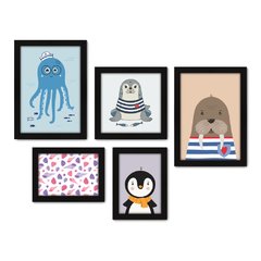 Kit Com 5 Quadros Decorativos - Animais Marinhos - Mar - Infantil - Baby - Bebê - 309kq01 na internet