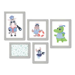 Kit Com 5 Quadros Decorativos - Animais - Marinheiro - Infantil - Baby - Bebê - 310kq01 - Allodi