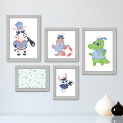 Kit Com 5 Quadros Decorativos - Animais - Marinheiro - Infantil - Baby - Bebê - 310kq01 - comprar online