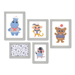 Kit Com 5 Quadros Decorativos - Animais - Marinheiro - Infantil - Baby - Bebê - 311kq01 - Allodi