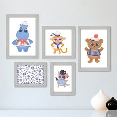 Kit Com 5 Quadros Decorativos - Animais - Marinheiro - Infantil - Baby - Bebê - 311kq01 - comprar online
