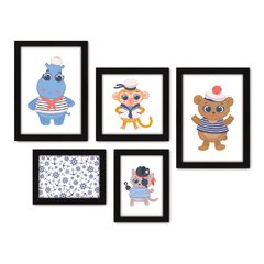 Kit Com 5 Quadros Decorativos - Animais - Marinheiro - Infantil - Baby - Bebê - 311kq01 na internet