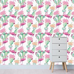 Papel de Parede Adesivo 3 Metros - Flamingos - Cactos - Revestimento - 312pps - comprar online