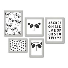 Kit Com 5 Quadros Decorativos - Panda Alfabeto Infantil - Baby - 313kq01 - Allodi