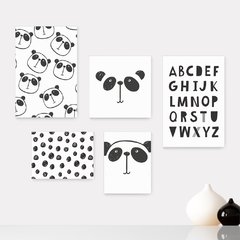 Kit 5 Placas Decorativas - Panda Alfabeto Infantil Bebê Quarto Menino Menina - 313ktpl5
