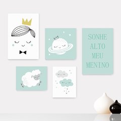Kit 5 Placas Decorativas - Sonhe Alto Meu Menino - Infantil Bebê Quarto Menino - 314ktpl5