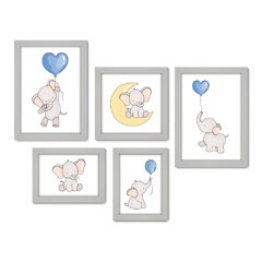 Kit Com 5 Quadros Decorativos - Elefantes - Infantil - Baby - Bebê - 316kq01 - Allodi