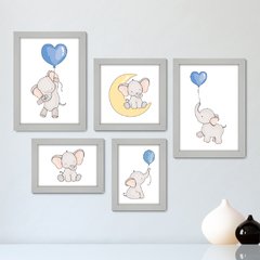 Kit Com 5 Quadros Decorativos - Elefantes - Infantil - Baby - Bebê - 316kq01 - comprar online