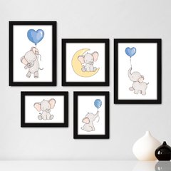 Kit Com 5 Quadros Decorativos - Elefantes - Infantil - Baby - Bebê - 316kq01