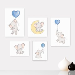 Kit 5 Placas Decorativas - Elefantes - Infantil Bebê Quarto Menino Menina - 316ktpl5