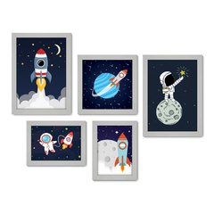 Kit Com 5 Quadros Decorativos - Espaço - Astronauta - Nave - Infantil - Baby - Bebê - 317kq01 - Allodi