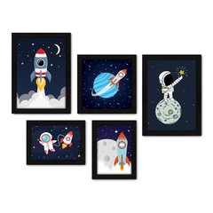 Kit Com 5 Quadros Decorativos - Espaço - Astronauta - Nave - Infantil - Baby - Bebê - 317kq01 na internet