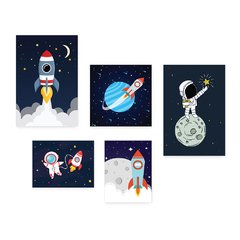 Kit 5 Placas Decorativas - Espaço - Astronauta - Nave - Infantil Bebê Quarto Menino Menina - 317ktpl5 - comprar online