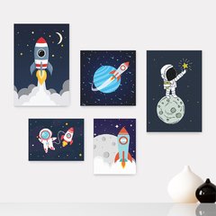 Kit 5 Placas Decorativas - Espaço - Astronauta - Nave - Infantil Bebê Quarto Menino Menina - 317ktpl5