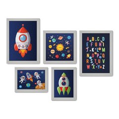 Kit Com 5 Quadros Decorativos - Espaço - Astronauta - Nave - Infantil - Baby - Bebê - 318kq01 - Allodi