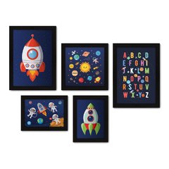 Kit Com 5 Quadros Decorativos - Espaço - Astronauta - Nave - Infantil - Baby - Bebê - 318kq01 na internet
