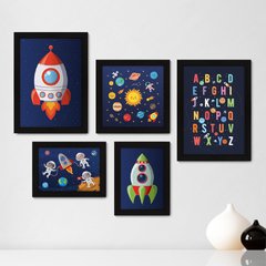 Kit Com 5 Quadros Decorativos - Espaço - Astronauta - Nave - Infantil - Baby - Bebê - 318kq01