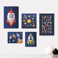 Kit 5 Placas Decorativas - Espaço - Astronauta - Nave - Infantil Bebê Quarto Menino Menina - 318ktpl5