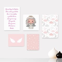 Kit 5 Placas Decorativas - Santo Anjo - Infantil Bebê Quarto Menina - 319ktpl5