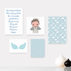 Kit 5 Placas Decorativas - Santo Anjo - Infantil Bebê Quarto Menino - 320ktpl5