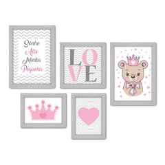 Kit Com 5 Quadros Decorativos - Sonhe Alto Pequena - Ursinha - Coroa - Love - Infantil - Bebê - 321kq01 - Allodi