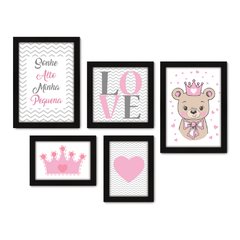 Kit Com 5 Quadros Decorativos - Sonhe Alto Pequena - Ursinha - Coroa - Love - Infantil - Bebê - 321kq01 na internet