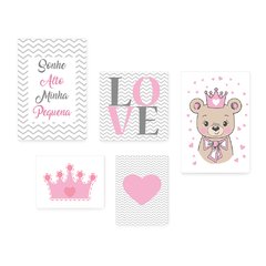 Kit 5 Placas Decorativas - Sonhe Alto Pequena Ursinha Coroa Love Infantil Bebê Quarto Menina - 321ktpl5 - comprar online